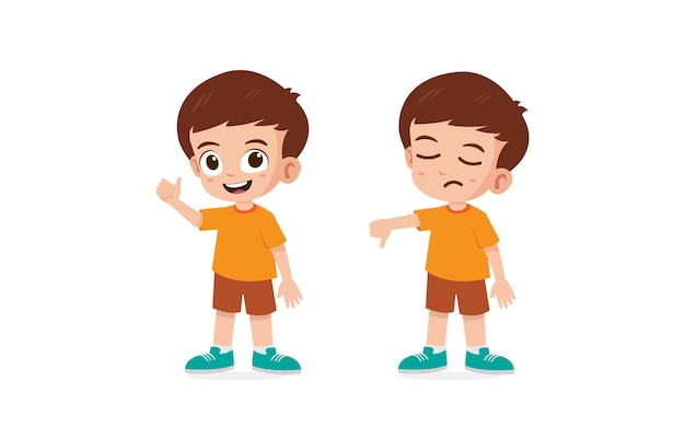 Petit garçon mignon montre le geste de la main pouce vers le haut et le pouce vers le bas illustration vectorielle