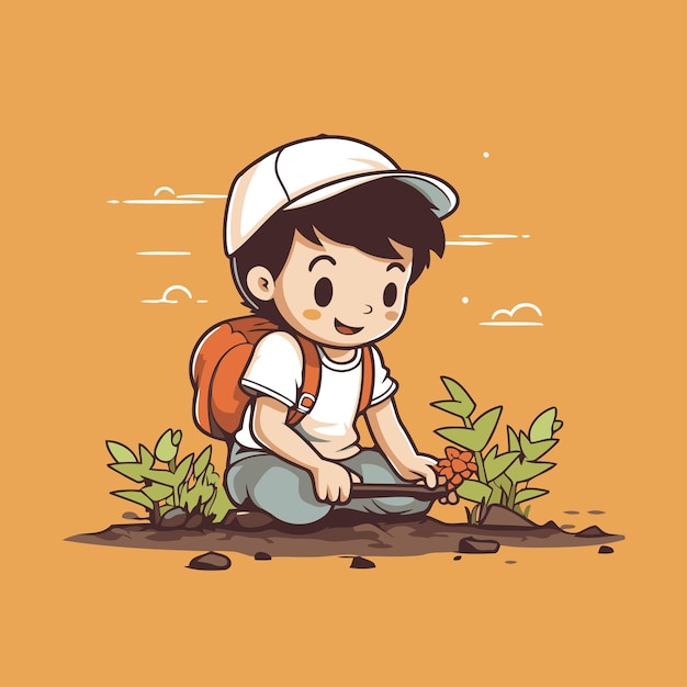 Vecteur petit garçon mignon plantant des fleurs dans le jardin illustration vectorielle