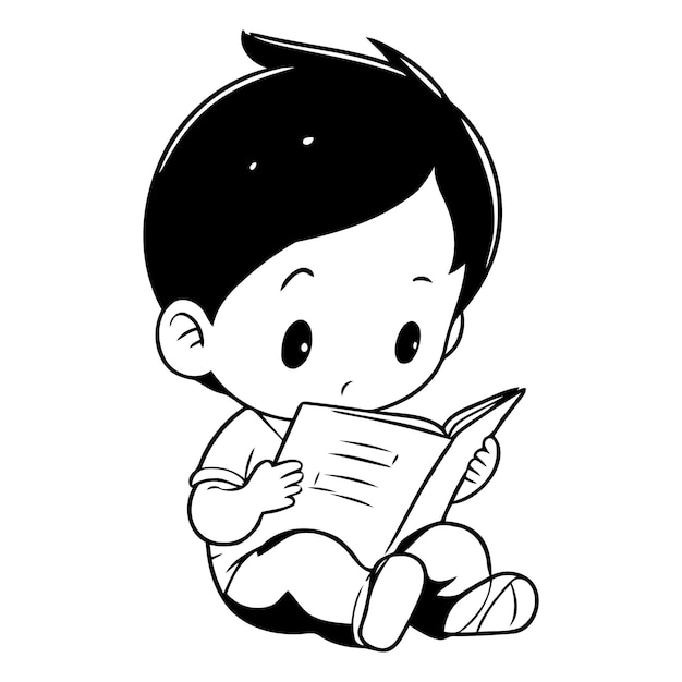 Vecteur un petit garçon mignon qui lit un livre d'un personnage de dessin animé