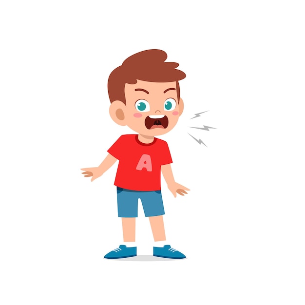 Vecteur un petit garçon mignon se tient debout et montre une expression de pose en colère