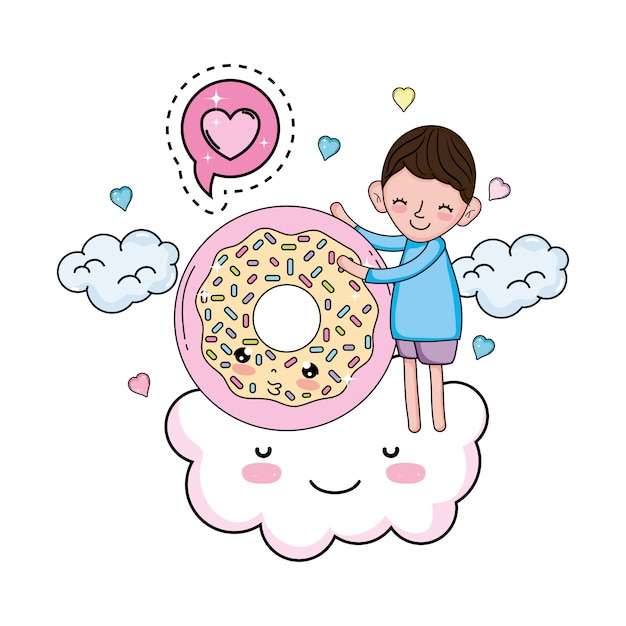 Petit Garçon Avec Un Personnage De Donut Kawaii