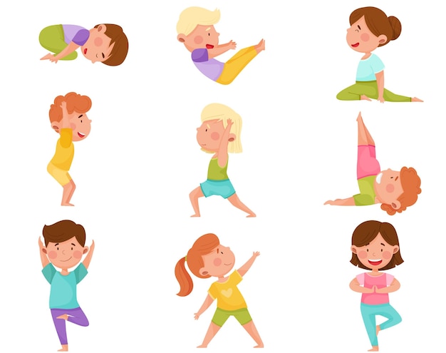 Petit Garçon Et Petite Fille Debout Dans La Pose De Yoga Respirant Profondément Set D'illustrations Vectorielles