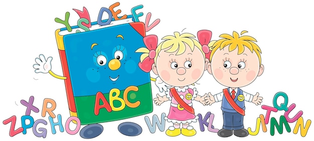 Vecteur petit garçon et petite fille diplômés de la maternelle et un personnage de dessin animé livre abc avec des lettres colorées