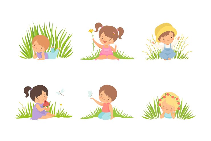 Vecteur le petit garçon et la petite fille sur l'herbe de la prairie verte