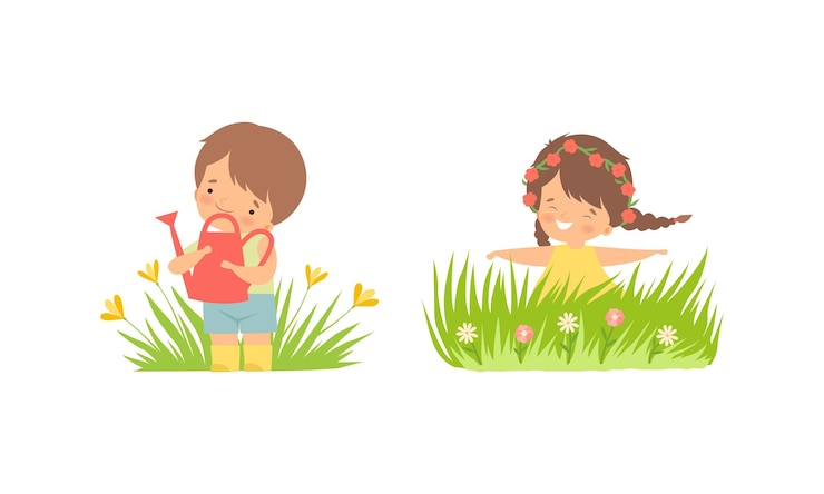 Vecteur petit garçon et petite fille mignons marchant sur l'herbe de prairie verte avec un jeu de vecteurs de fleurs en fleurs