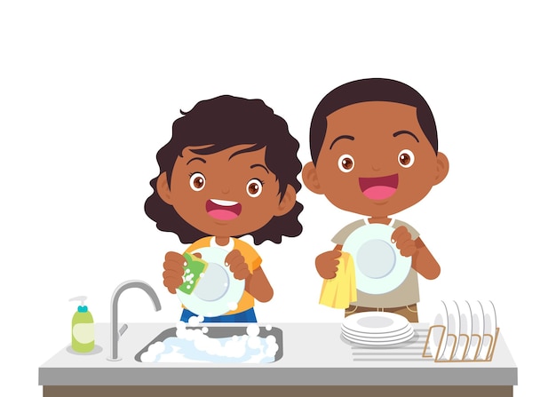 Vecteur un petit garçon et une petite fille qui lavent la vaisselle ensemble.