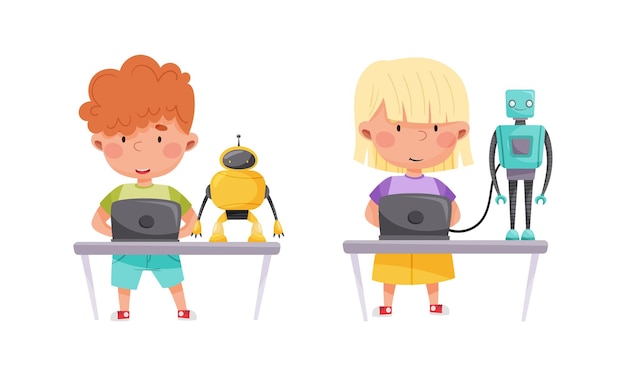 Le petit garçon et la petite fille souriants Ingénierie et configuration de l'ensemble vectoriel du robot