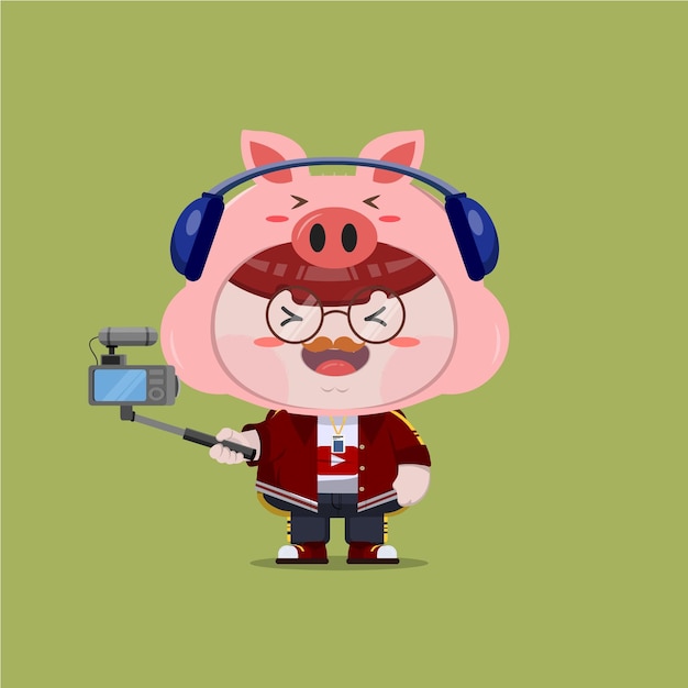 Vecteur un petit garçon portant un costume de cochon youtuber