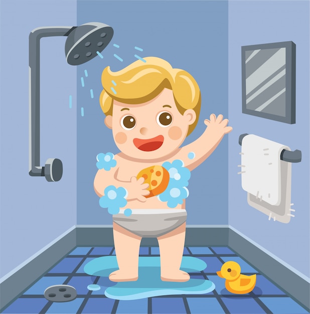 Vecteur un petit garçon prenant une douche dans la salle de bain avec beaucoup de mousse de savon et de canard en caoutchouc. illustration
