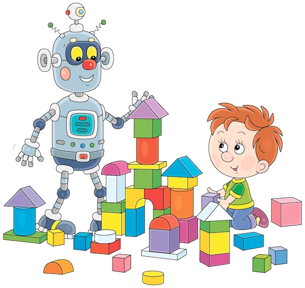 Un petit garçon et un robot drôle jouant avec des blocs colorés et construisant un château de jouets dans une salle de jeu