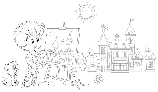 Petit Garçon Avec Son Joyeux Chiot Dessinant à L'aquarelle Et Au Crayon Une Jolie Petite Ville