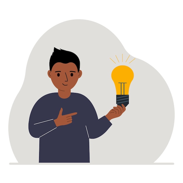 Vecteur un petit garçon tient une ampoule dans sa main concept d'idée solution de réflexion remue-méninges eureka bingo devoirs ou trouver une réponse