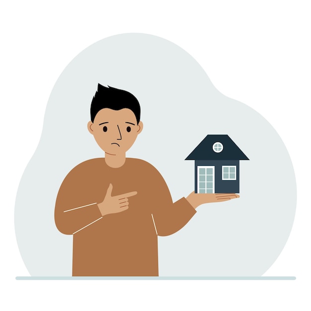 Vecteur un petit garçon tient une petite maison dans sa paume concepts d'héritage ou de transfert de biens immobiliers aux enfants