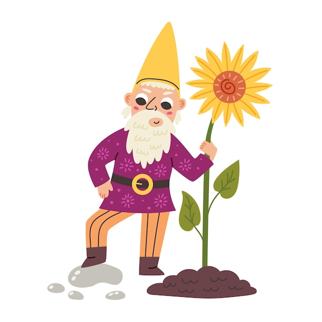 Petit Gnome Tenant Le Tournesol. Personnage Nain De Conte De Fées De Jardin. Illustration Vectorielle Moderne Dans Un Style Cartoon Plat