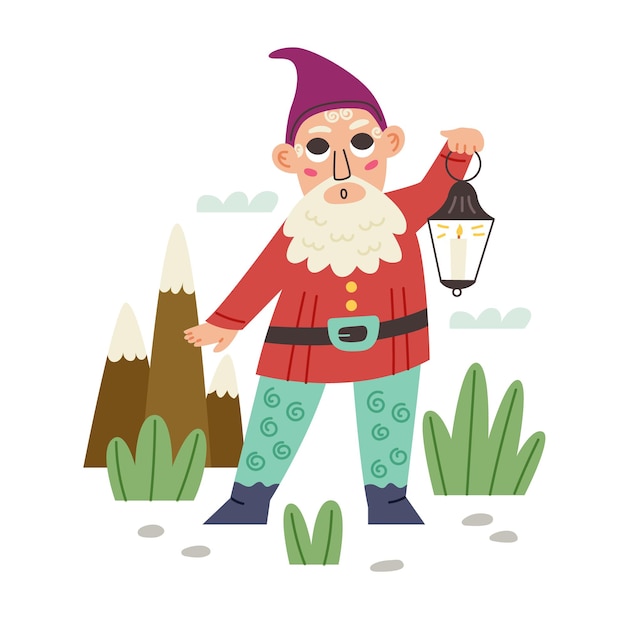 Vecteur le petit gnome tient la lanterne personnage nain de conte de fées de jardin. illustration vectorielle moderne dans un style cartoon plat