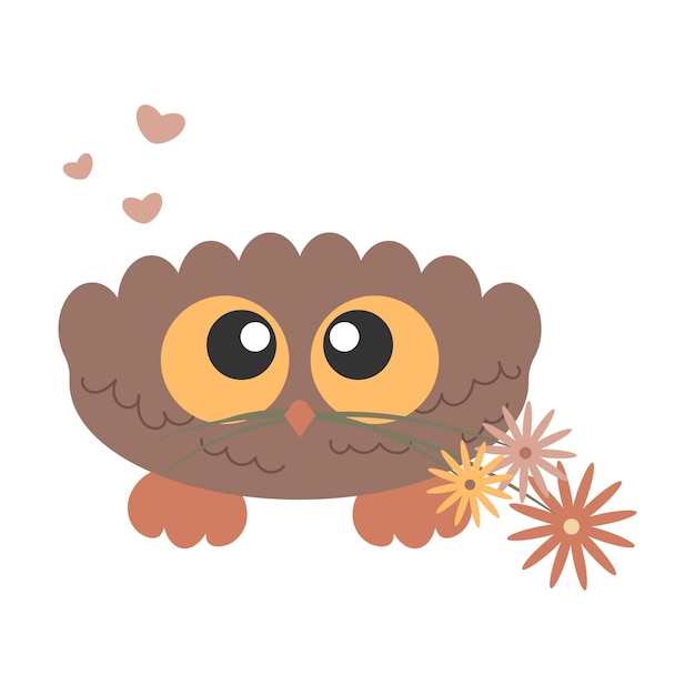 Petit Hibou Mignon D'oiseau Avec De Grands Yeux Tenant La Fleur Dans Son Bec