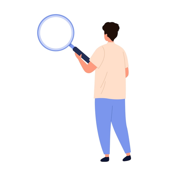 Vecteur petit homme tenant une loupe pour la recherche debout avec le dos
