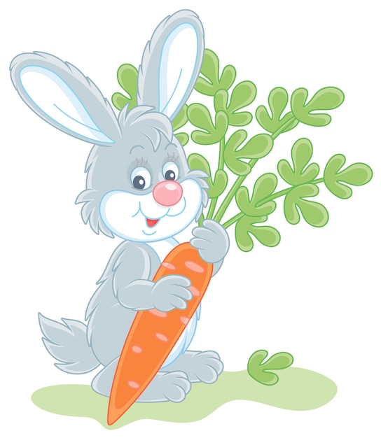 Vecteur petit lapin heureux avec une carotte savoureuse mûre d'un potager d'été
