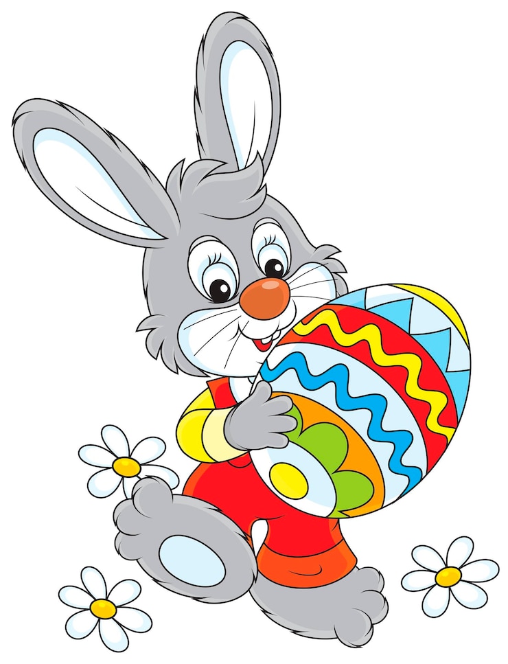Vecteur petit lapin portant un gros oeuf de pâques peint de couleurs vives
