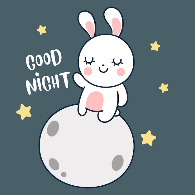 Petit Lapin Sur Le Style Dessiné à La Main De La Lune