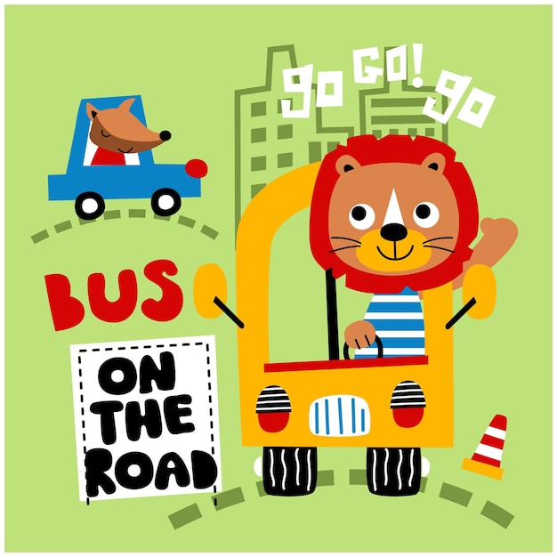 Vecteur un petit lion dans le bus dessin animé drôle