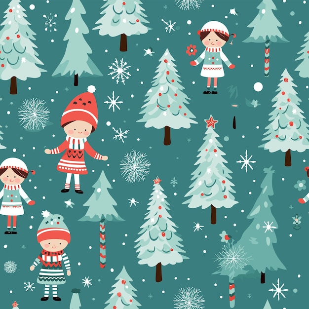 Petit Motif De Noël Avec Des Arbres, Des Enfants, De La Neige.