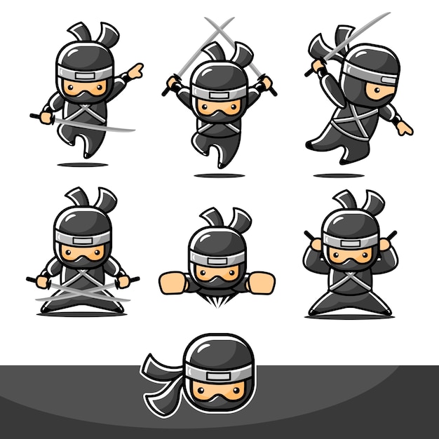 Vecteur petit ninja noir de dessin animé serti de mouvement de mouche