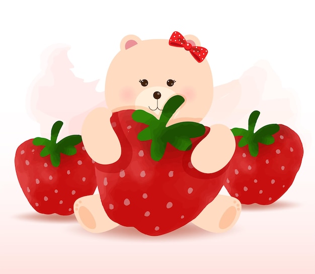 Petit Ours Embrasse Des Fraises Rouges