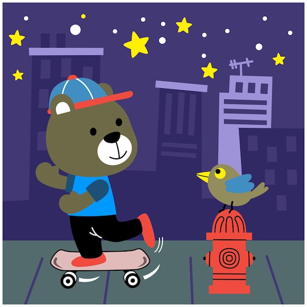 Vecteur un petit ours jouant au skateboard drôle de dessin animé