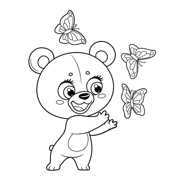 Petit ours en peluche mignon attrape des papillons dessin de contour pour la coloration sur un fond blanc