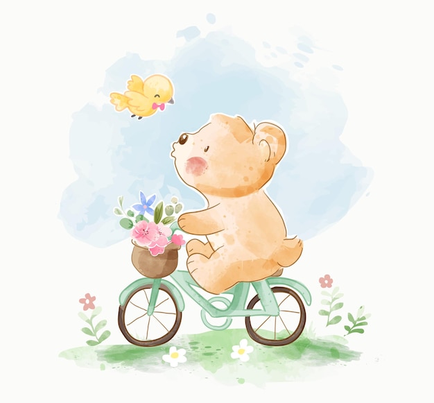 Vecteur petit ours à vélo dans l'illustration du jardin