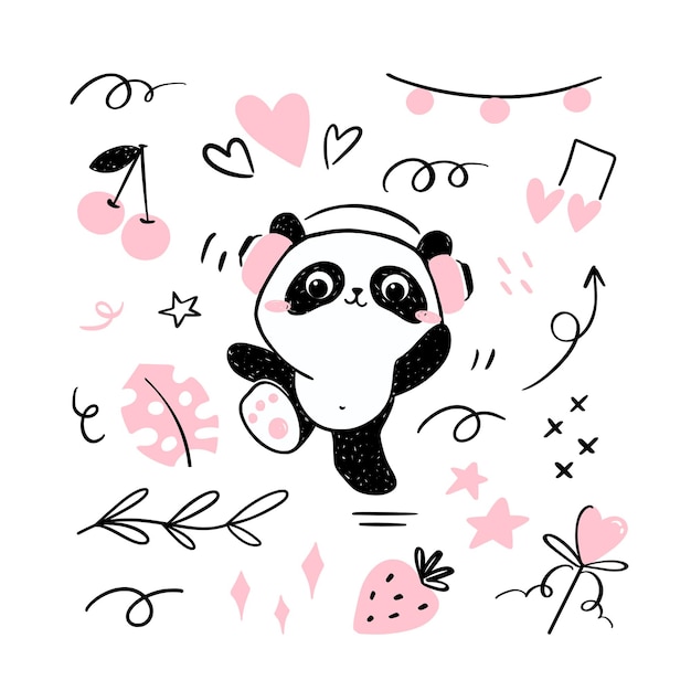 Petit Panda Illustration écoutant De La Musique Dans Des Casques Et Dansant.