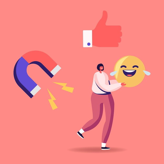 Un Petit Personnage Féminin Porte Un énorme Sourire Riant Emoji Dans Les Mains Avec Des Icônes De Pouce Vers Le Haut Et D'aimant