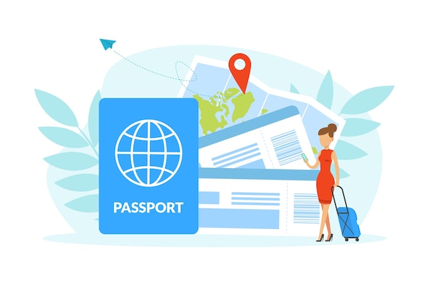 Petit personnage de femme touriste en vacances avec des bagages, un énorme passeport et des billets voyageant à travers le monde Illustration vectorielle conceptuelle