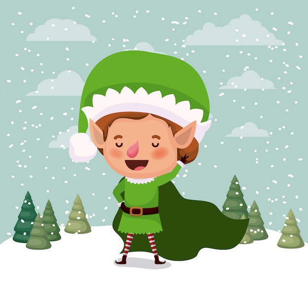 Petit Personnage De Lutin De Noël Dans La Conception D'illustration Vectorielle Snowscape