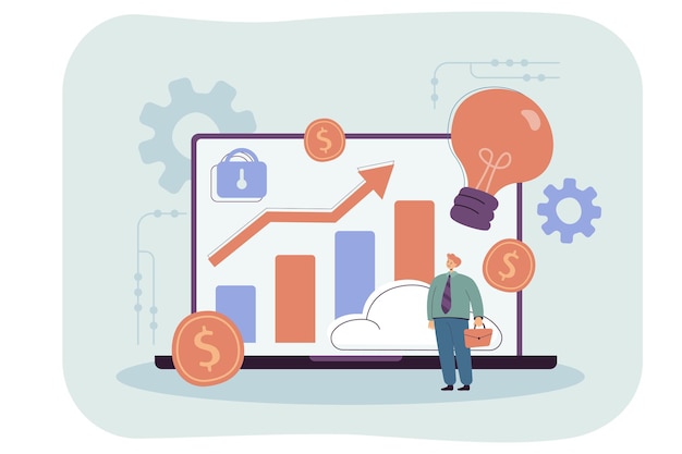 Petit Personnage Masculin Utilisant Un Ordinateur Portable Pour Investir Dans Des Startups Ou Des Devises étrangères. Illustration Vectorielle Plane Des Services Numériques De La Finance Moderne. Fintech, économie, échange D'argent, Concept D'innovation Commerciale