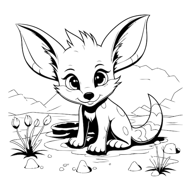 Vecteur petit renard mignon assis dans l'herbe illustration vectorielle en noir et blanc