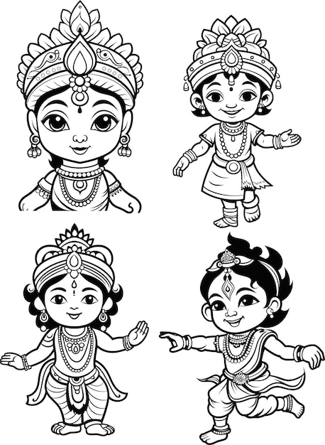 Vecteur le petit seigneur krishna à colorier en noir et blanc