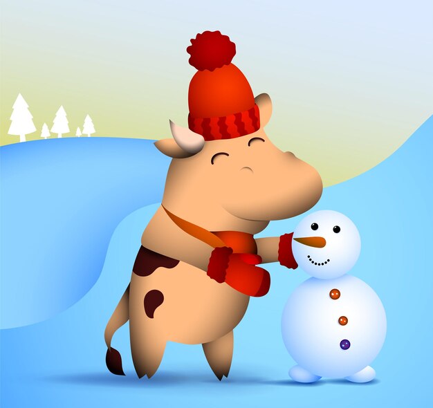 Vecteur petit taureau heureux, bœuf en vêtements d'hiver fait un bonhomme de neige à partir de la neige. symbole de 2021 du calendrier chinois avec un sourire satisfait sur le visage. animaux drôles. vector