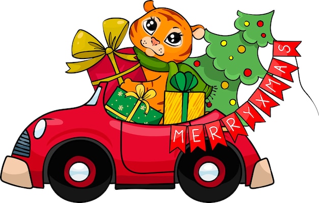 Un Petit Tigre Mignon Conduit Une Voiture Rouge Et Porte Un Arbre De Noël Avec Des Cadeaux Clipart Du Nouvel An