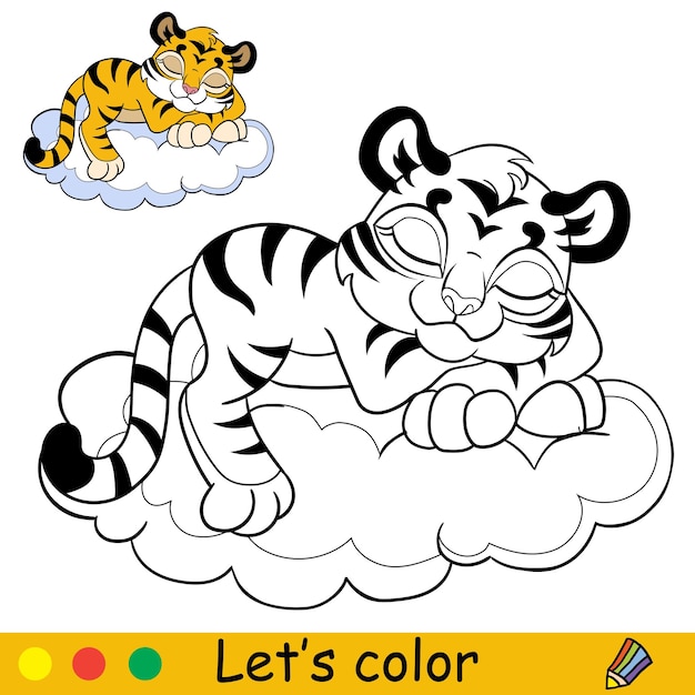 Petit Tigre Sur Un Nuage à Colorier Avec Vecteur De Modèle Coloré