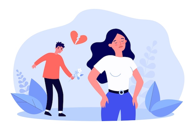 Petite amie s'éloignant d'un petit ami triste tenant des fleurs. Femme rejetant ou rompant avec l'illustration vectorielle plane de l'homme. Relation, concept de rejet pour la bannière, la conception de site Web ou la page de destination