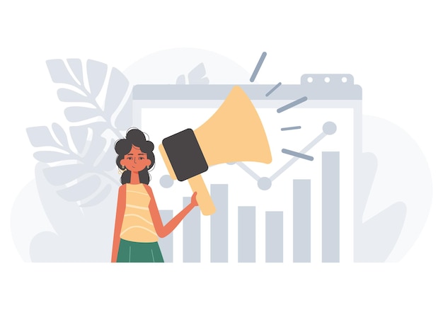 La petite amie tient un porte-voix dans son concept de marché numérique d'acteur de pont, style tendance, illustration vectorielle