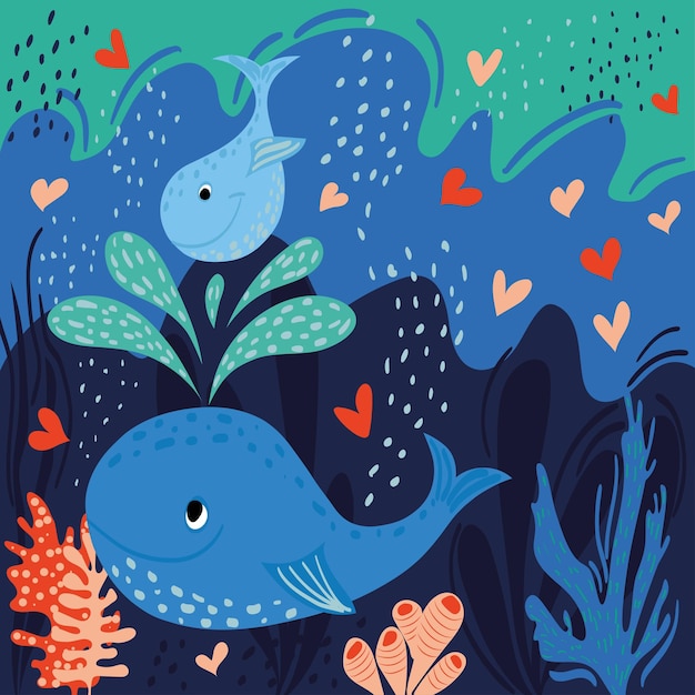 Une petite baleine chevauche la fontaine de maman. Illustration vectorielle lumineuse. Carte de voeux pour la fête des mères.