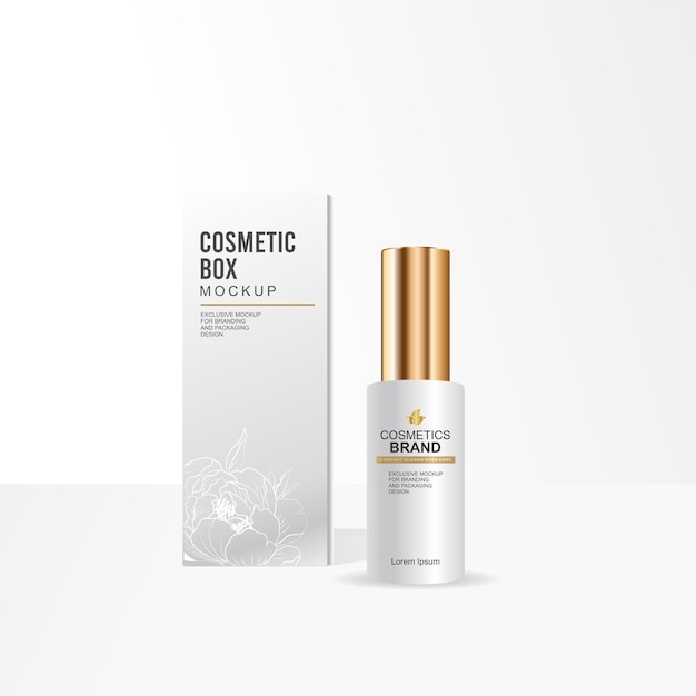 Une petite bouteille cosmétique et une maquette de boîte.