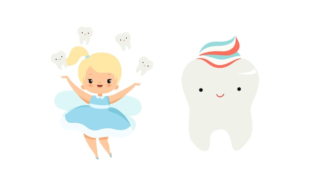 La petite fée des dents avec les cheveux blonds et la queue de cheval avec le premier jeu de vecteurs de dents de bébé