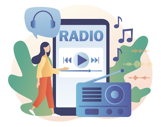 Petite femme écoutant Radio Onair dans l'application smartphone Boombox audio musique talk-show interviews