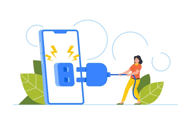 Vecteur petite femme éteignant un énorme téléphone mettant de côté la technologie pour se connecter avec le monde autour de l'illustration vectorielle