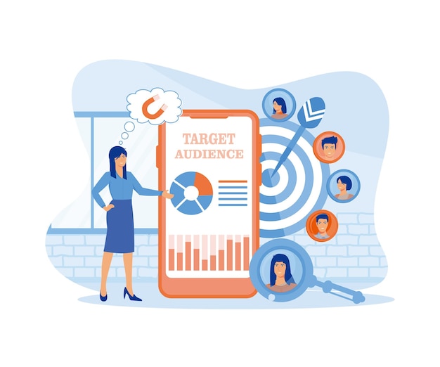 Une petite femme a mis en place une publicité sur les réseaux sociaux dans une application de smartphone à vecteur plat illustration moderne