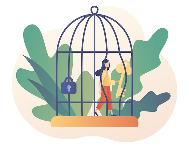 Une petite femme sort de sa cage. Notion de liberté. Métaphore de la zone de confort. Prison intérieure.